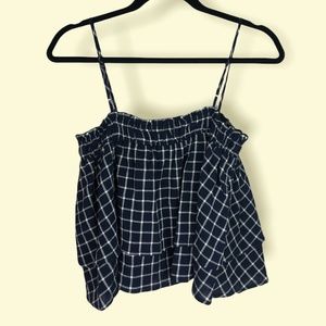 BP Plaid Ruffle Ruched Tiered Blouse Blue White Medium